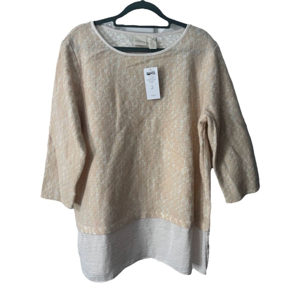 Chico's Tianna Textured Lace Top Blouse Size 2/Large 3/4 Sleeves Layered Look